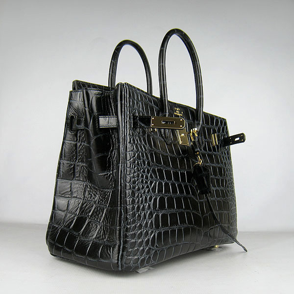 High Quality Fake Hermes Birkin 35CM Crocodile Veins Leather Bag Black 6089